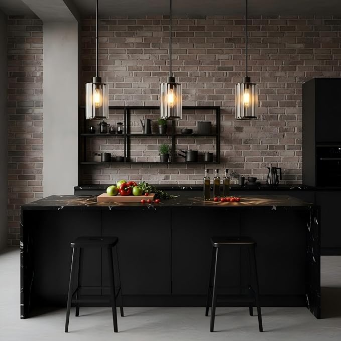 Modern Clear Fluted Glass Pendant Light 2 Pack - Thick Ribbed Glass with Soft Glow, Adjustable E26 Hanging Lamp for Kitchen Island & Dining Room