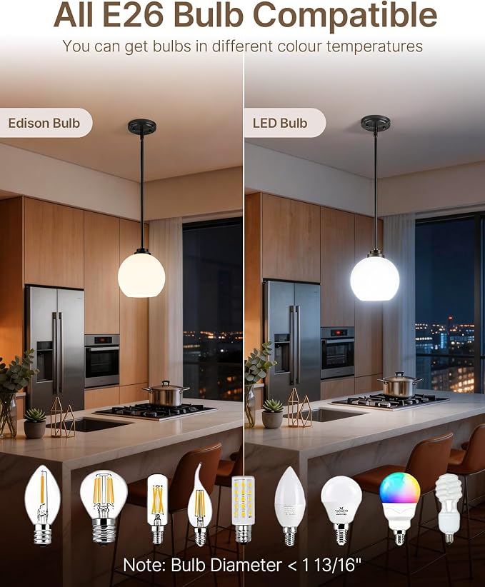 Majade 7.4" Globe Pendant Lights Mid Century Modern Kitchen Island Pendant Light Fixtures Black Brass Pendant Lighting with Milk Glass Adjustable Hanging Light Fixtures for Dining Room Living Room