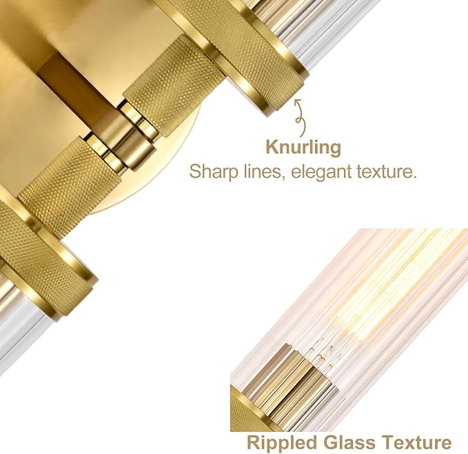LaLuLa Gold Bathroom Vanity Light Fixtures – 2-Light Hardwired Wall Sconces with Rippled Glass Shades and Textured Metal Frame, Modern Vanity Lighting for Mirror, Bedroom, or Hallway, 25”