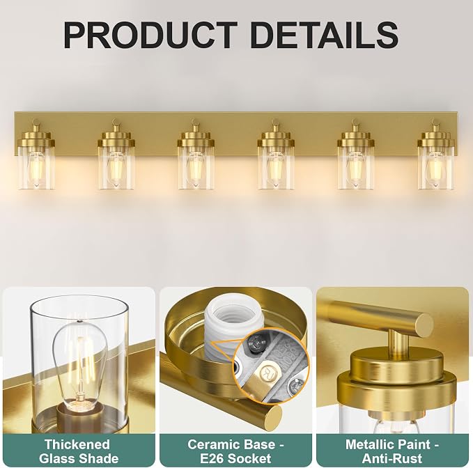IZORRO Bathroom Vanity Light Fixture, 6-Light 46 Inch Gold Bathroom Light Fixtures Over Mirror, with Clear Glass Shade, Modern Farmhouse Vanity Lights, Rustic Restroom Lighting Fixtures
