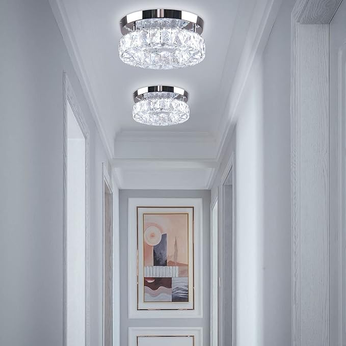 9.8" Crystal Flush Mount Ceiling Light Fixtures LED Round Mini Chandelier Light Fixture Ceiling Lamp for Kitchen Hallway Foyer 15 W 6000K