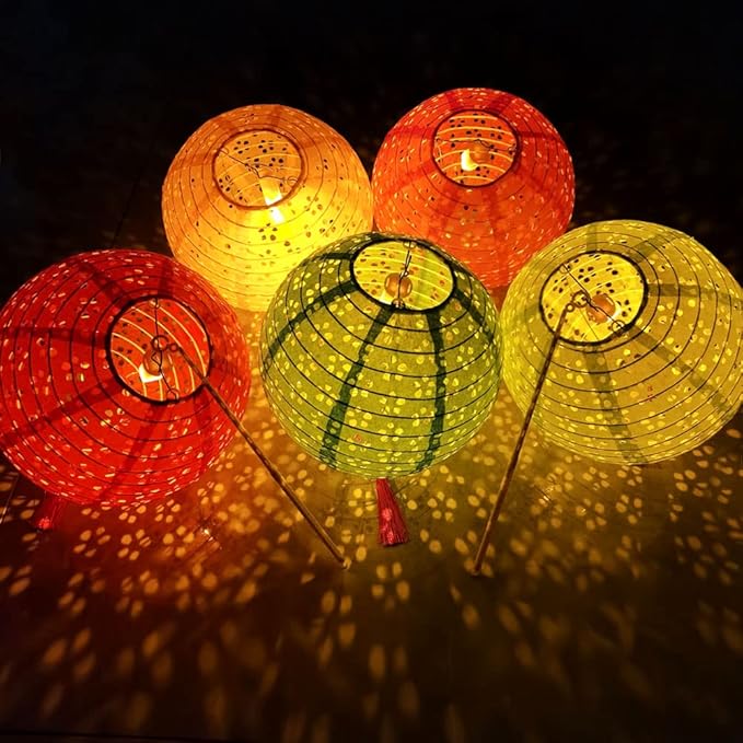12Pack Paper Lanterns Chinese Japanese Hanging Paper Lanterns with LED Lights Sticks Tassels 8Inch Round for Chinese Lunar New Year Decorations 2026 Spring Festival Valentines Wedding Party Decor