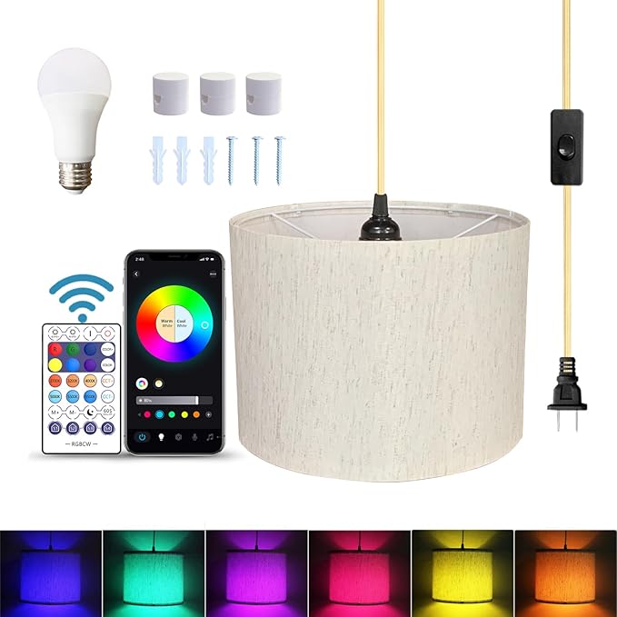 15FT Plug in Pendant Light, Hanging Lamp with Switch, Flaxen Hanging Lights with Plug in Cord, Pendant Lamp with Remote Control，Pendant Light Fixture for Living Room Bedroom Farmhouse