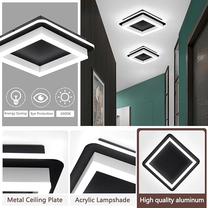 CANEOE 3 Packs Square Flush Mount Ceiling Light, 6000K Black Modern LED Ceiling Light Fixture, Minimalist Hallway Lighting Fixture Ceiling Lamp for Hallway Entryway Bedroom Balcony (Black&White)