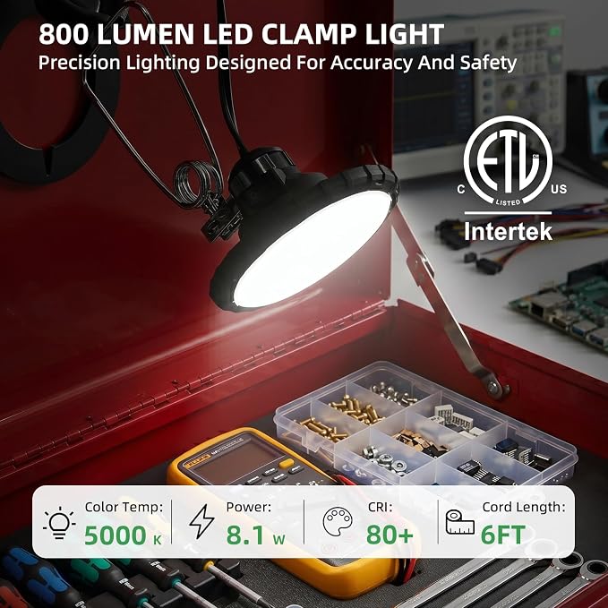 800 Lumen LED Clamp Light with Magnetic Base, 4-in-1 Versatile Portable Work Light, 360° Swivel Heat-Free Clip on Lamp, 5000K Daylight Eye-Care Workbench Light for Garage, Workshop, ETL Listed