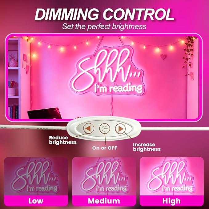 Shhh I'm Reading Neon Sign for Wall Decor, Dimmable Reading LED Light, USB Powered Neon Sign for Classroom Library Study room, Gifts for Students Friends