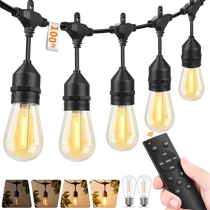 Hotsonic Remote Control Outdoor String Lights Waterproof, 100FT LED Outside Lights with Shatterproof Bulbs, Dimmable Hanging S14 Lights 3 Modes for Patio Porch Garden Pergola Yard House Party Decors