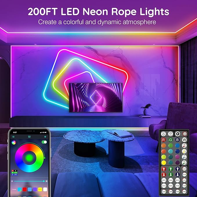 AILBTON 200Ft Neon Rope Lights,Flexible Led Rope Lights Control with App/Remote,Multiple Modes Rope Lights,IP65 Outdoor RGB Led Neon Lights Waterproof,Music Sync Gaming Led Neon Light Strip