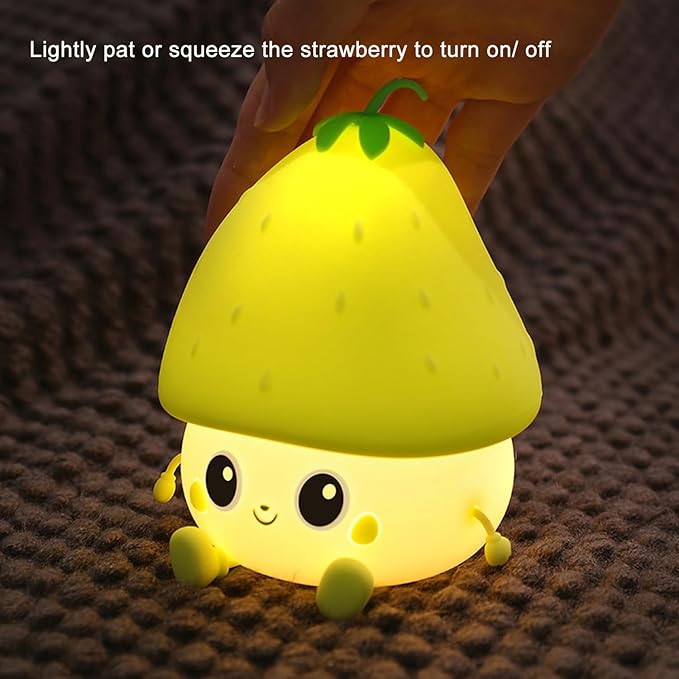 Green Strawberry Night Light, Cute Fruit Night Lamp for Kids Bedroom USB Rechargeable Lamps 2 Brightness Levels, Nursery Bedside Delay-off Nightlight for Baby Boys Girls Birthday Christmas