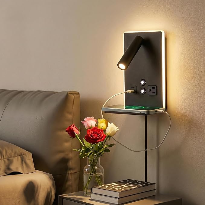 Wall Mounted Reading Light with Shelf - 3 Color Dimmable LED, 360° Adjustable Wall Lamp for Bedroom/Study, Touch Control (Black)