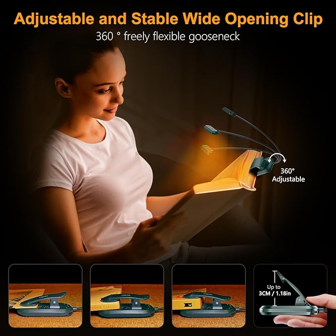 Gritin Rechargeable Book Light for Reading in Bed with 19 LED &Memory Function-Eye Caring 3 Color Temperatures,5 Brightness Levels,90 Hrs Runtime Flexible Goose Neck Clip on Light-Aquamarine