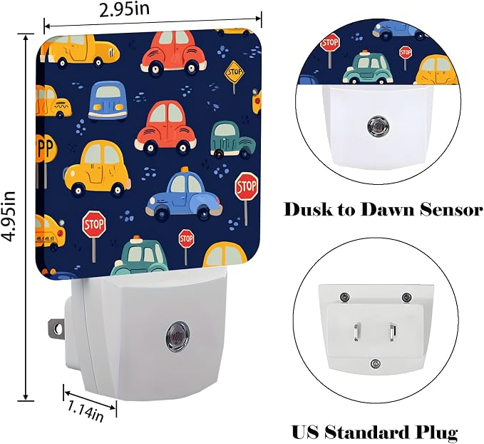 Cute Cartoon Cars Night Light,Plug Into Wall Decor for Stairway,Hallway,Kitchen,Dusk to Dawn Sensor Nightlights for Boys/Girls/Women/Men Room Gifts