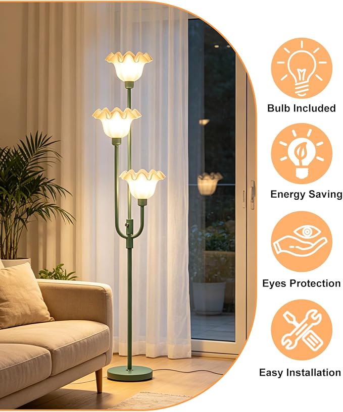 Lightdot 66IN Flower Floor Lamp 3-Lights Vintage Dimmable Floor Lamps with 3000K Warm White Bulbs Included for Wedding Party Modern Tall Standing Lamp for Living Room/Bedroom/Sofa Beside/Corner Decor