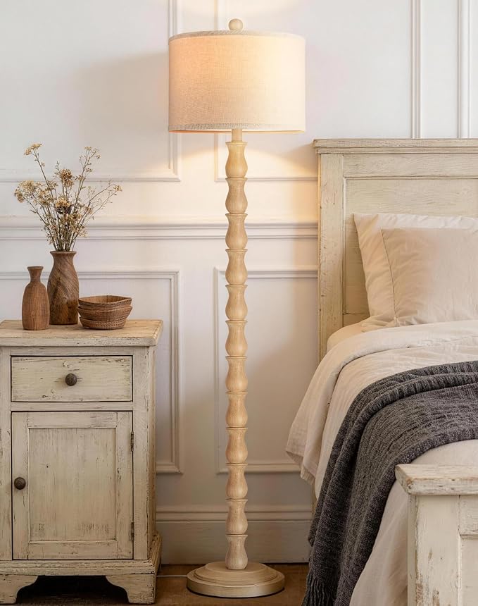 63.5" Rustic Floor Lamp for Living Room, Farmhouse Floor Lamp with Rotary Switch & Linen Shade, Vintage Resin Tall Standing Lamp for Bedroom Corner Office Home Decor, Cream (LED Bulb Included)