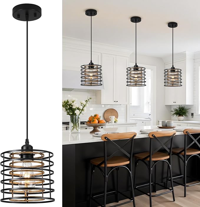 Farmhouse Pendant Lights Kitchen Island, Kitchen Hanging Light Fixtures Wood Grain Cage Metal Lighting for Dining Room Bedroom Bar Office Entryway Hallway, Industrial Black, 1 Pack