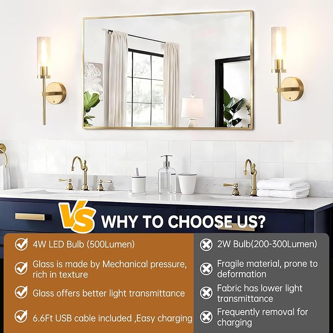 Shenmoyl Battery Operated Wall Sconces Set of 2, Gold Rechargeable Wall Lighting Fixtures, Dimmable Wall Lights with Remote & Clear Glass Shade for Living Room, Bathroom,Bedroom