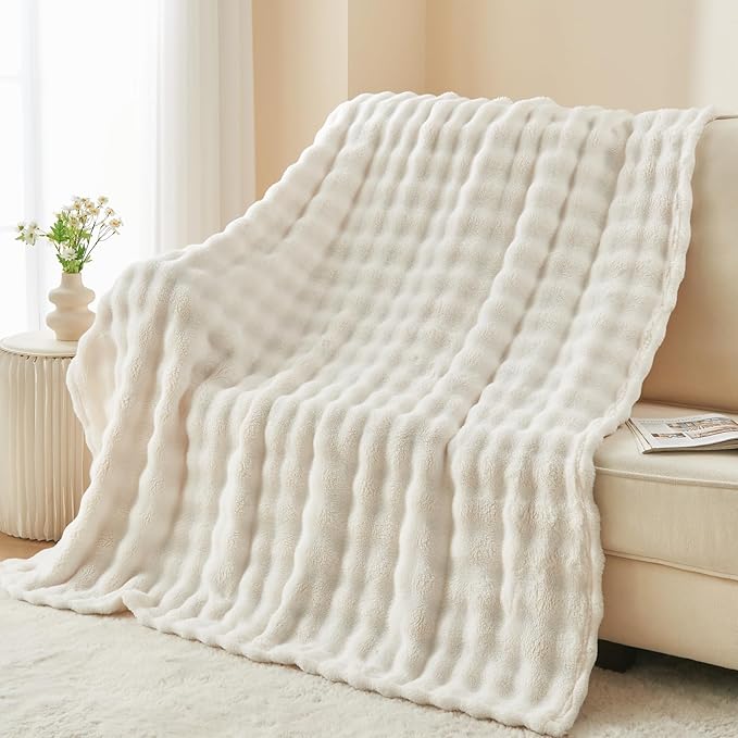 NEWCOSPLAY Throw Blanket for Couch Ivory Super Soft Flannel Fleece 3D Bubble Lightweight Bed Blanket All Season Use (Ivory, Throw(50"x60"))