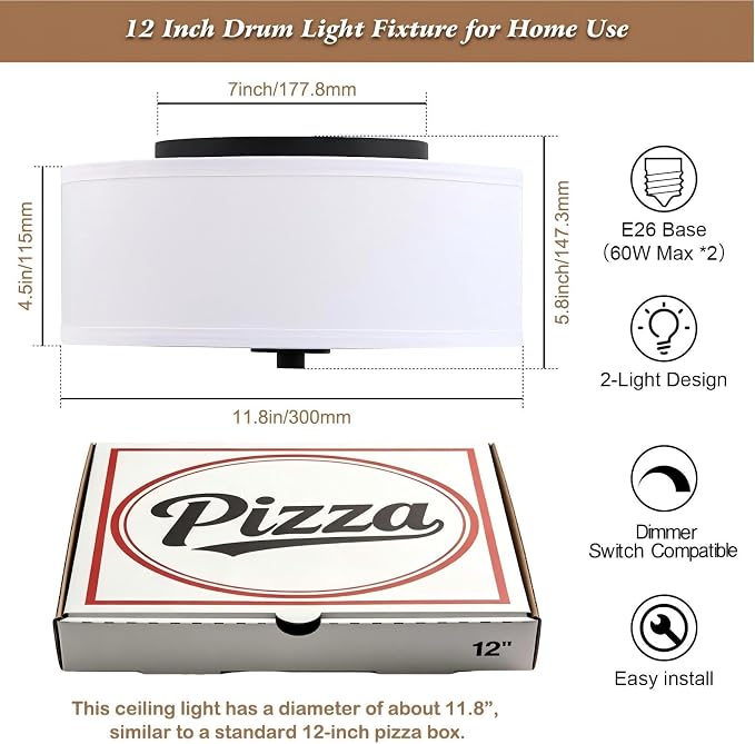 2-Light Flush Mount Ceiling Light Fixture, 12” Modern Close to Ceiling Light with White Fabric Drum Shade, Round Ceiling Light for Bedroom Hallway Living Room Bathroom Dining Kitchen | Modern Close to Ceiling Light,White fabric shade,E26,Great for comp...