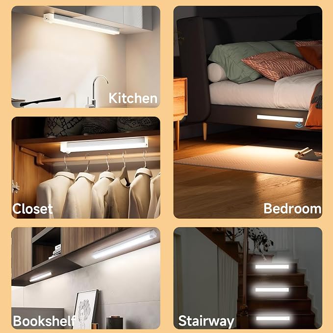 6 Pack Under Cabinet Light,Motion Sensor LED Lights with Magnetic 8 inch，Rechargeable Indoor Wireless Closet Lights for,Kitchen,Stairs Cabinet