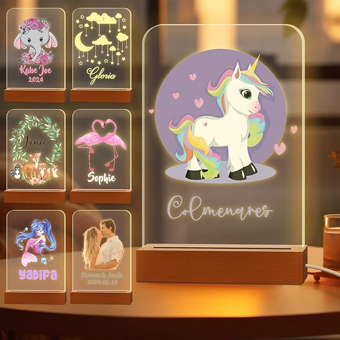 Personalized Night Light for Kids Custom Engraved Name Acrylic LED Lights with Wood Base for Nursery Bedroom Decor Night Lamp, Customized Birthday Gifts for Boy and Girl,Unicorn