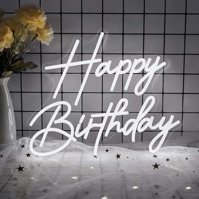 Happy Birthday Neon Sign for Wall Decor, Dimmable LED Happy Birthday Light Up Sign, Happy Birthday Sign for All Birthday Party Decoration Backdrop and Any Ages Bday Celebration, White