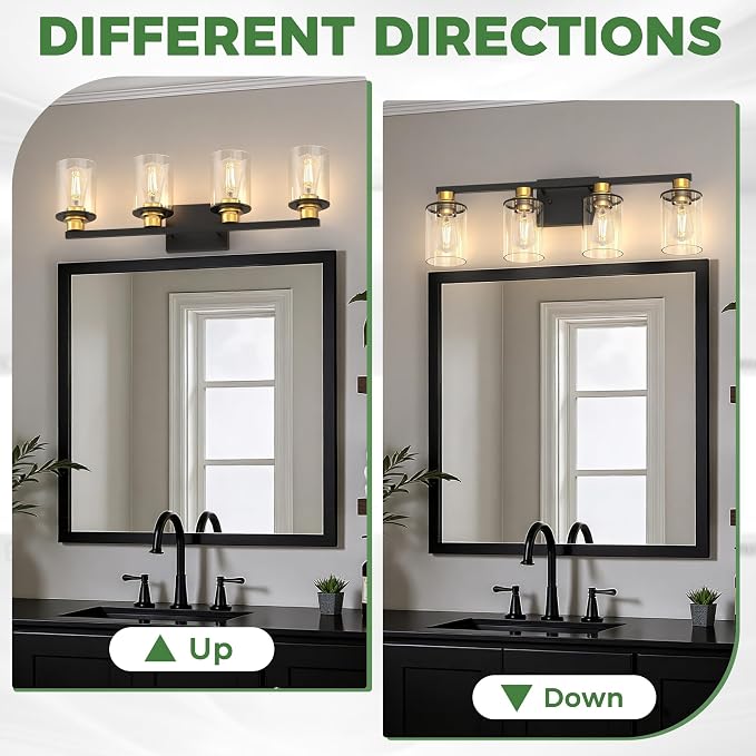 4-Light Black and Gold Bathroom Light Fixture with 4 Bulbs | Modern Vanity Mirror Light, Black Gold Vanity Light Fixture With Glass Shade and Bulbs, Wall Sconce for Bedroom Hallway