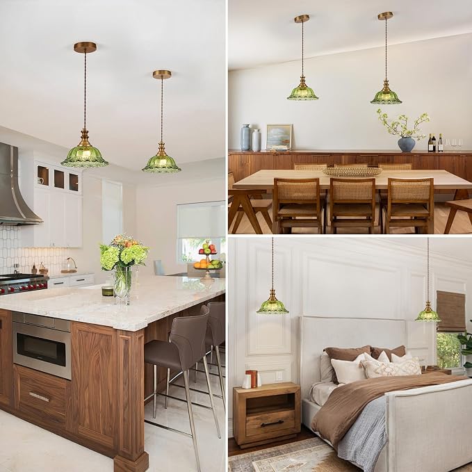 HDDFL Glass Pendant Lights Modern Pendant Lighting Fixtures Hanging Lamp for Kitchen Island Bedroom Dining Room Coffee Shop Hallway Green and Brass 2 Pack