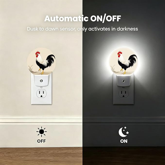 LED Night Light Rustic Rooster Night Lights Plug into Wall Auto on/off | Farm Animal Retro Plug-in Night Light with Dusk to Dawn Sensor, Energy Saving Nightlight for Hallway Kitchen Living Room