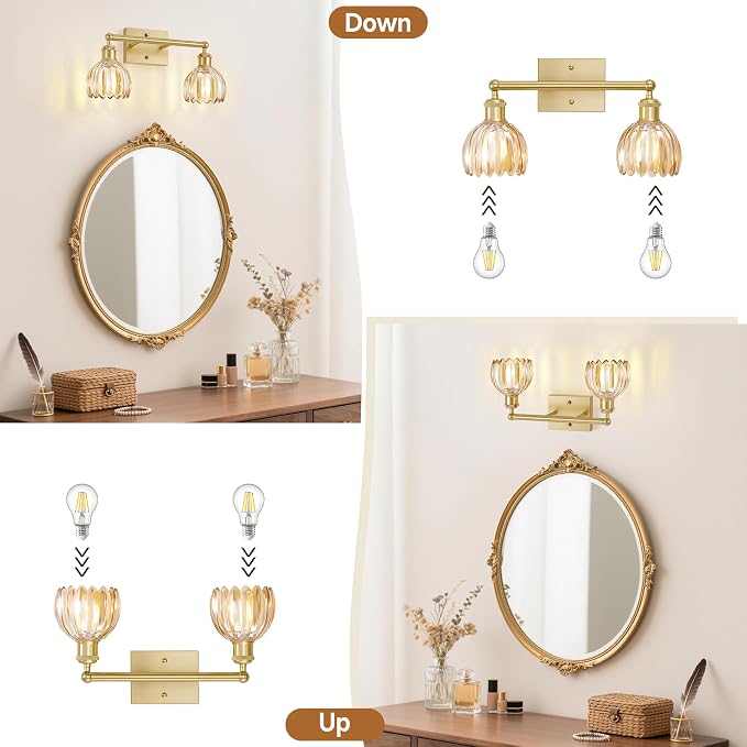 2 Light Bathroom Vanity Lights Over Mirror,Vintage Wall Sconce,Antique Brass Bathroom Light Fixtures,Tulip Sconces Wall Lighting with Amber Thick Glass Shade for Bedroom Living Room, E26 Base