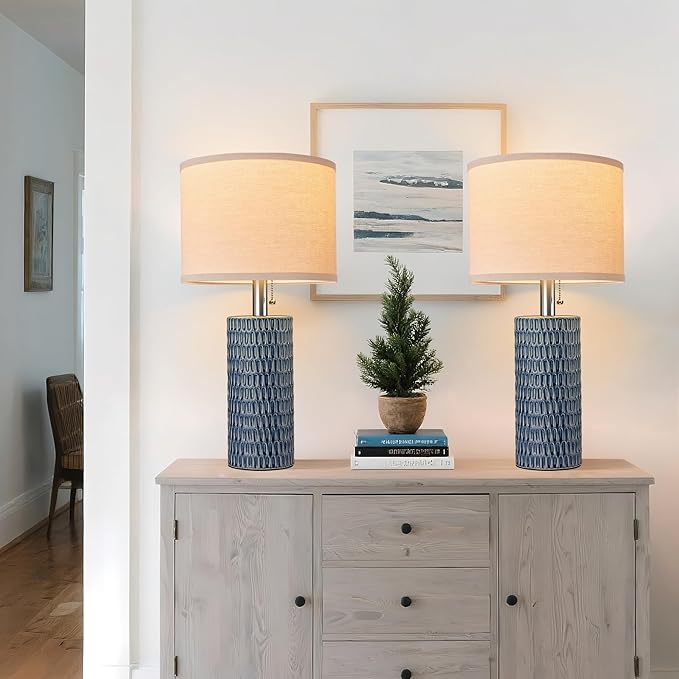 Reaketon 20.5" Modern Ceramic Table Lamps for Bedroom Set of 2, Bedside Lamps for Night Stands with Beige Lampshade, Farmhouse Table Lamp for Living Room Office Dorm, Blue