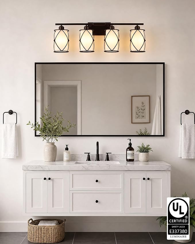 4-Light Oil Rubbed Bronze Bathroom Light Fixtures Over Mirror, 29" UL-Listed Modern Farmhouse Wall Sconce Lights with Milk White Frosted Glass and Metal Cage for Bath, E26, CH9176ORBW-4W