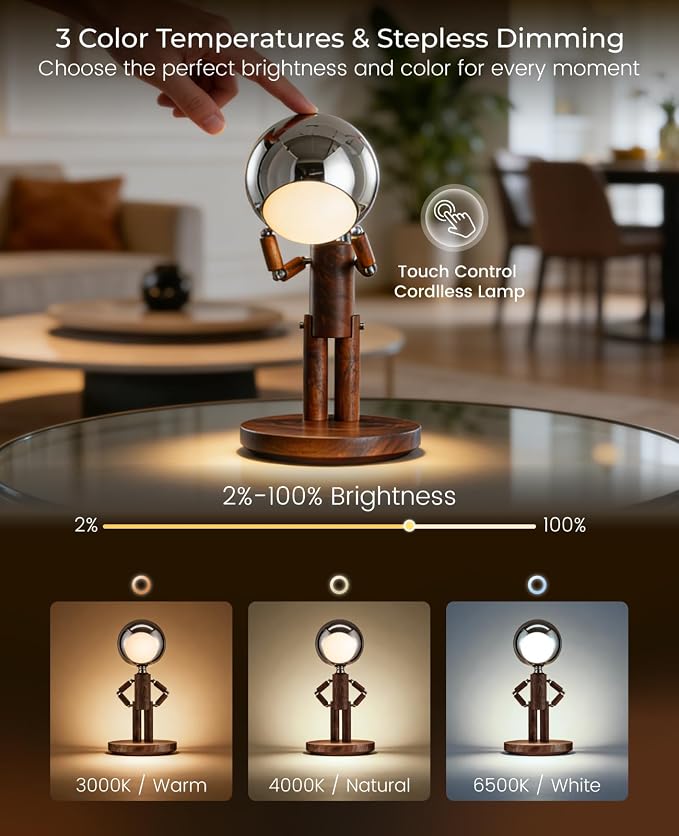 Cordless Table Lamp, Rechargeable Wooden Desk Lamp, Dimmable, Gift | Black Walnut, Touch Control, 3 Color Temperatures, Stepless Dimming, Home Decor, Gifts, Nightstand Robot Lamp