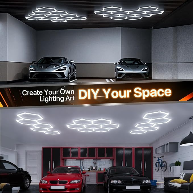 Hexagon Garage Lights: 476W 17 Grids Hexagon Led Lights 52360LM | 6500K Ultra Bright Hex Light, DIY Honeycomb Light for Garage, Shop, Basement, Barber, Homegym, Car Detailing, Studio