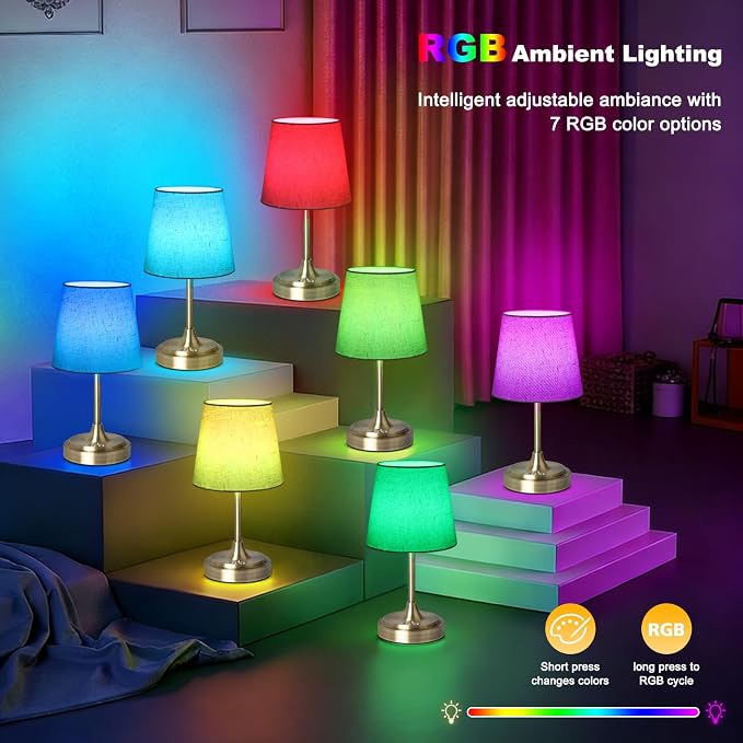 Wowag Small Cordless Table Lamp Rechargeable,5000mAh Battery Operated Desk Lamp,3 Colors & 7 RGB Stepless Dimmable,Touch Ambient Light for Bedside,Bedroom,Dining Room,Living Room,Bronze,FlaxenShade