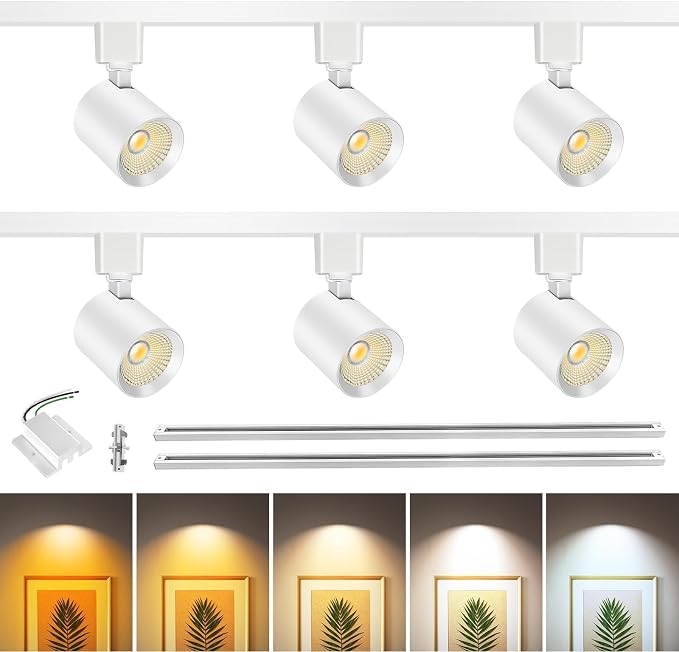 5-Color 6-Light LED Track Lighting Kit with 6.6FT H Type Track Lighting Rail, Dimmable Track Lights with Floating Canopy, Track Light Heads Ceiling Spotlight, CRI90+, 36° Beam 10W 800lm, White