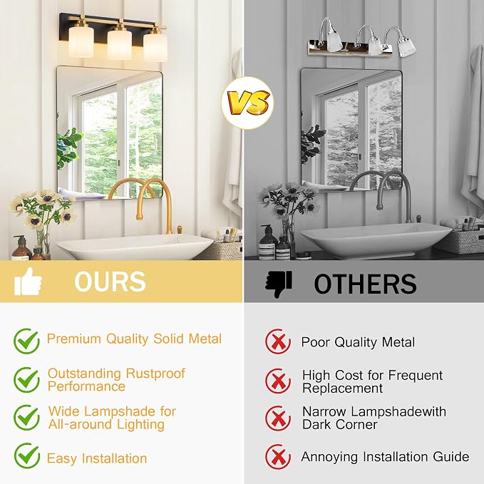 Modern Bathroom Light Fixtures Over Mirror, Vanity Lights for Bathroom Wall Sconces with Milky White Glass Shades, E26 Socket (Bulbs Not Included), 3 Light, Black Gold