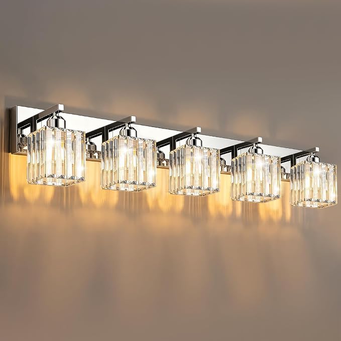 Brushed Chrome Crystal Bathroom Vanity Light, 5-Light Modern Bathroom Lighting Fixtures Over Mirror,Chrome Wall Sconce Light Fixtures with Square Shade