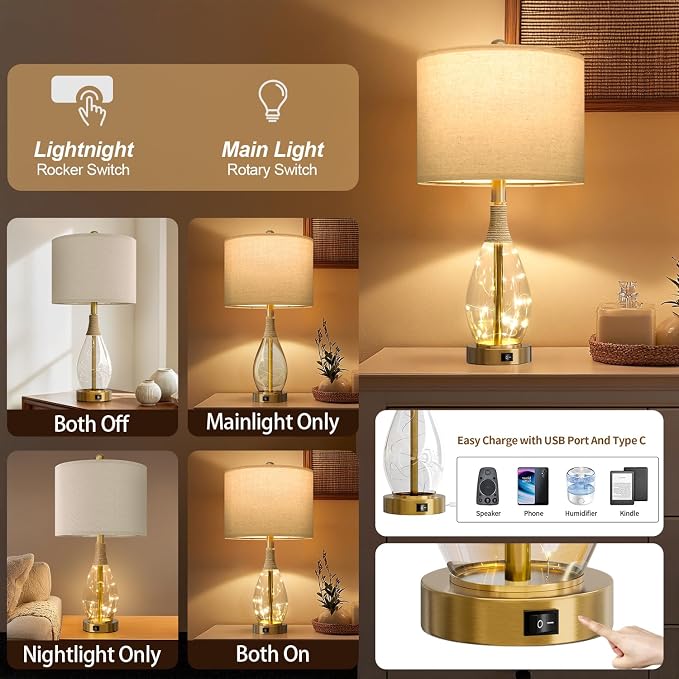 23" Table Lamps for Living Room Set of 2 Bedside Lamps for Night Stands Bedroom Lamps Farmhouse Rattan Boho Lamp Glass Nightlight End Table Lamp with USB C+A (Gold),Two Light Points