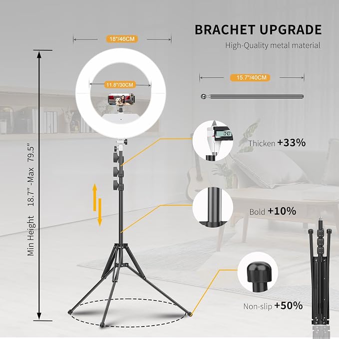 55W18 45cm Ring Light Kit [New Version] 6700K Dimmable LEDRinglightTripod Stand Dual Phone Holder for iPhone Selfie Makeup LashTattoo Studio Lighting Painting,Photo Video Recording (White)