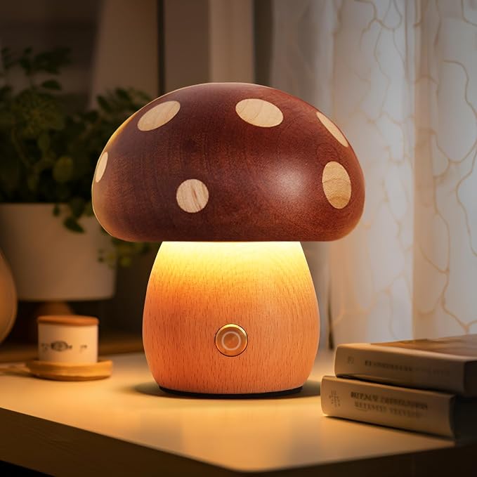 YIEONSHION LED Wood Mushroom Table Lamp, Rechargeable Cordless Touch Bedside Lamps, Wireless Stepless Dimming Night Light, Portable Battery Lamp for Bedroom Nightstand for Birthday Gifts (XMG-Small)