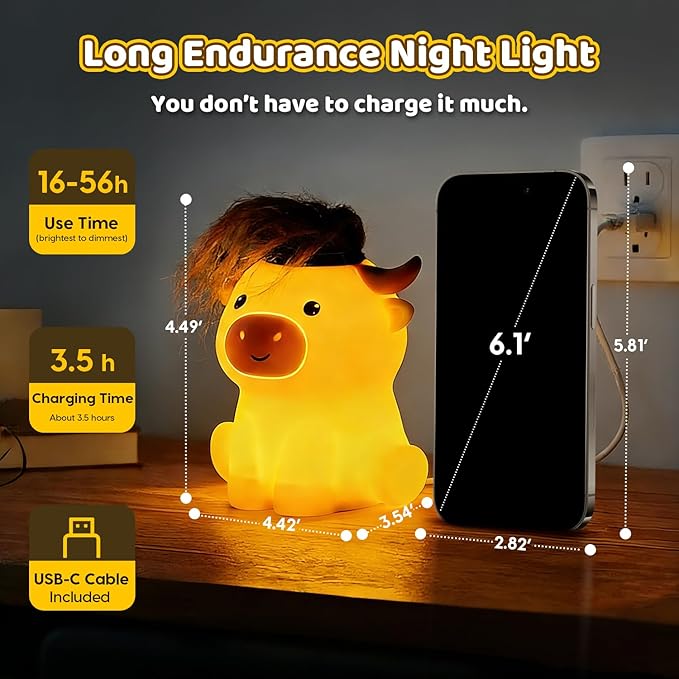 Amaredom Highland Cow Night Light, Cute Cow Lamp, Silicone Dimmable Nursery Nightlight, Rechargeable LED Bedside Lamp with 20 Minutes Timer & Tap Control Baby Girls Women Bedrooms, Living Room