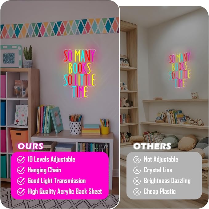 So Many Books So Little Time Neon Sign Classroom LED Sign for Wall Decor USB Powered Reading Neon Light Sign for Library Reading Room Colorful Light Up Books Sign for Teacher Classmate Study Neon Wall Art Gifts