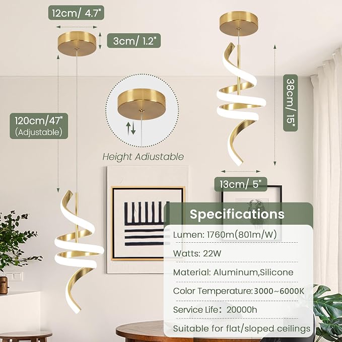 3000-6000K Dimmable Modern Pendant Light,Gold LED Pendant Light for Kitchen Island Fixtures Chandeliers for Dining Room Hanging Lights, 1 Pack