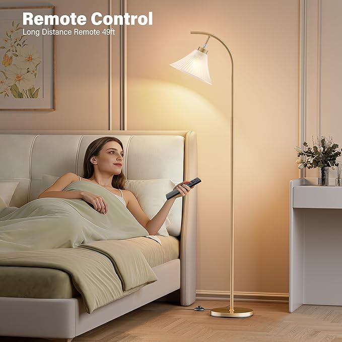 Gold Floor Lamp with Remote, Dimmable Glass Arc Standing Lamp, Ribbed Frosted Glass Shade, 3 Color Temperatures, Foot Switch, 9W LED Bulb for Living Room Bedroom Office