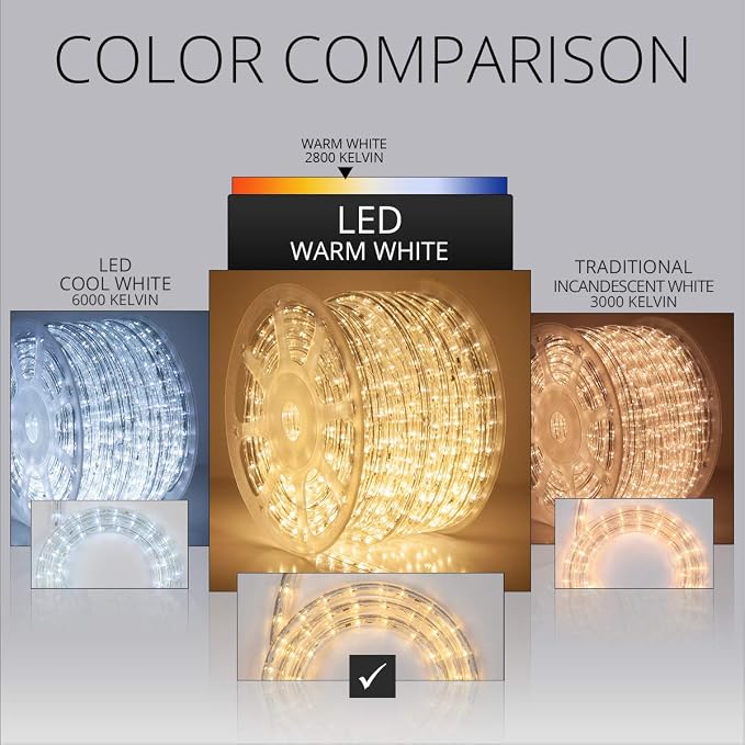 Wintergreen Lighting 150ft 1800 LED Heavy Duty Rope Light Spool, 120V ETL Indoor Rope Lights Plugin Outdoor Tube Lights ½ Inch, Accessories and Mounting Clips Included, Warm White