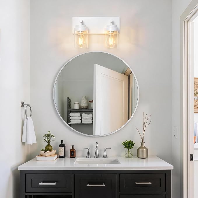 IZORRO Bathroom Vanity Light Fixture, 2-Light 15 Inch White Bathroom Light Fixtures Over Mirror, with Clear Glass Shade, Modern Farmhouse Vanity Lights, Rustic Restroom Lighting Fixtures
