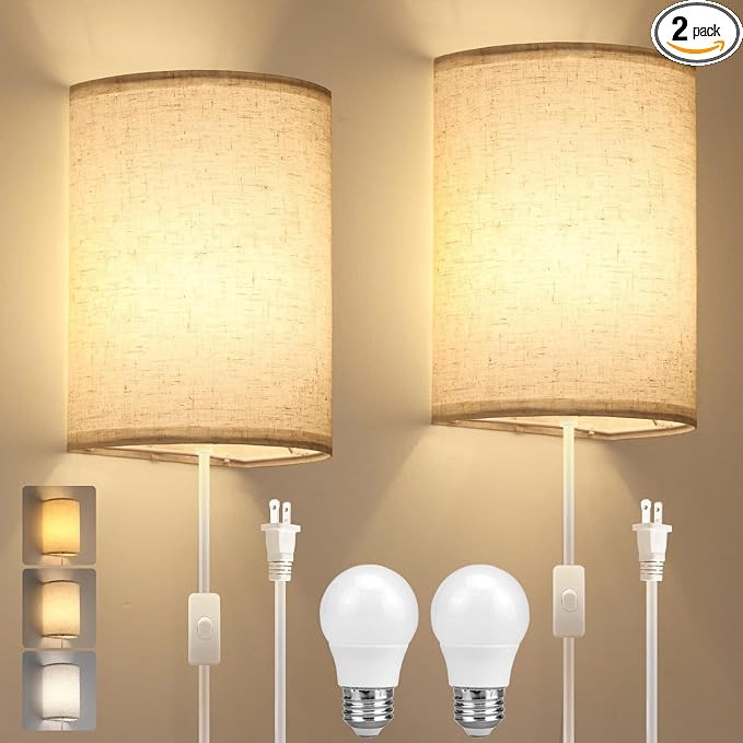 Plug in Wall Sconce, 3 Color Wall Sconces Set of Two, Industrial Lamp | with Plug in Cord, Rustic Wall Sconce Fixture, On/Off Switch Vintage Wall Light Fixture for Headboard Bedroom Porch (Beige)