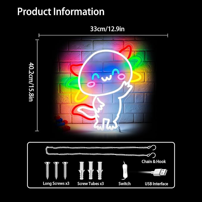 Axolotl Neon Sign Led Sign Neon Signs for Wall Decor Neon Lights | Salamander Led Light Up Sign, White Game Room Decor, Boys Girls Gift, Party, Wall Decor, 5V USB Powered