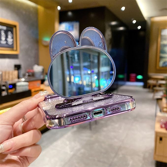 Kawaii Phone Case for iPhone 16 Promax with Cartoon Foldable Makeup Mirror Silicone Protective Case Cover for Women & Girl Gold
