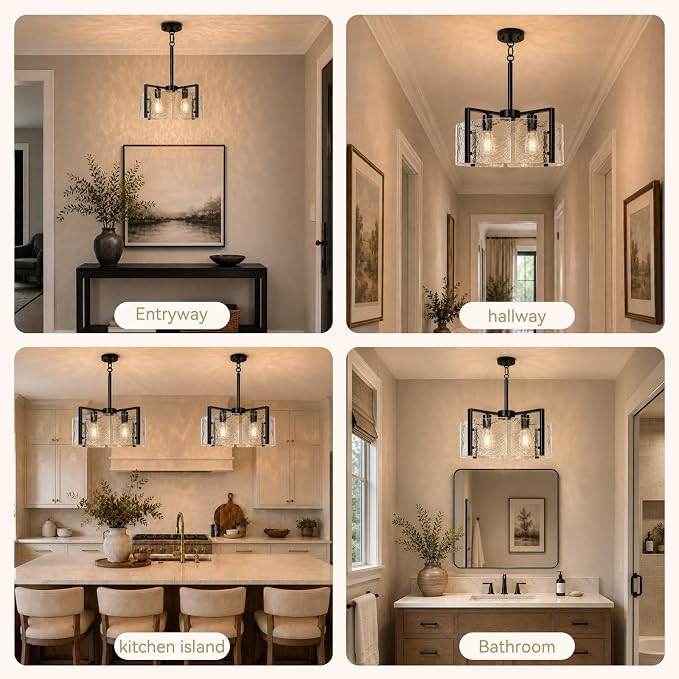 17.7 Inch Black Chandeliers for Dining Room, Adjustable Height | 4-Light Modern Farmhouse Entryway Light Fixture, Glass pendant Lights for Kitchen Island Foyer Bedroom Bathroom